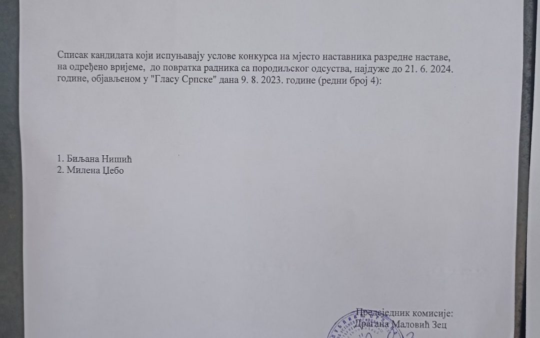 Списак кандидата који испуњавају услове конкурса – разредна настава